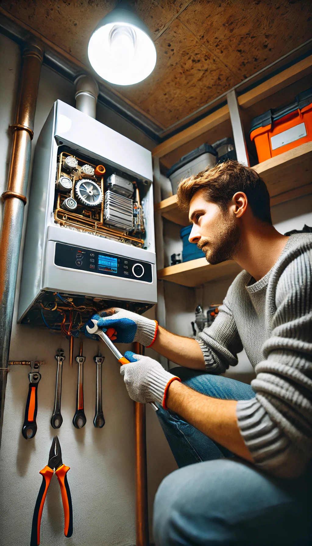 DALL·E 2024-07-15 18.28.31 - A person changing a boiler in a house. The scene is in a utility room or basement, with the person wearing safety gloves and using tools like a wrench